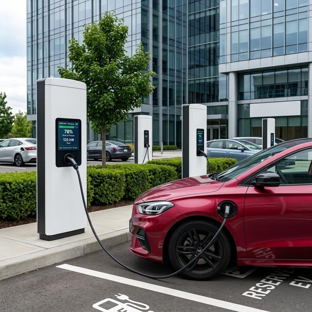 Véhicule électrique en charge sur une borne de recharge extérieure